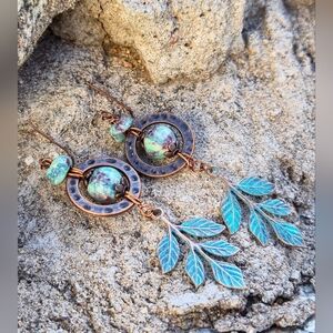 Handcrafted Blue Patina Stones In Clay & Antique Inspired Copper Long Earrings